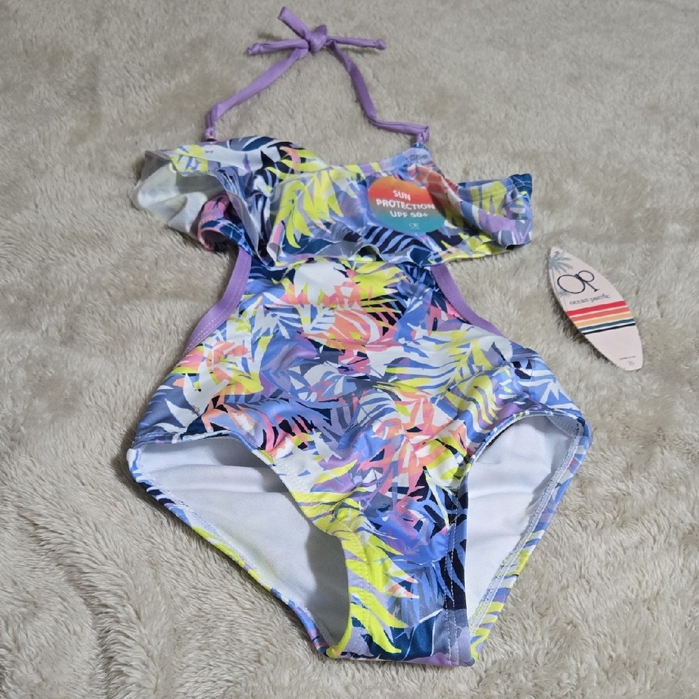OP Blue and Pink One Piece Swimsuit with Artistic Print
